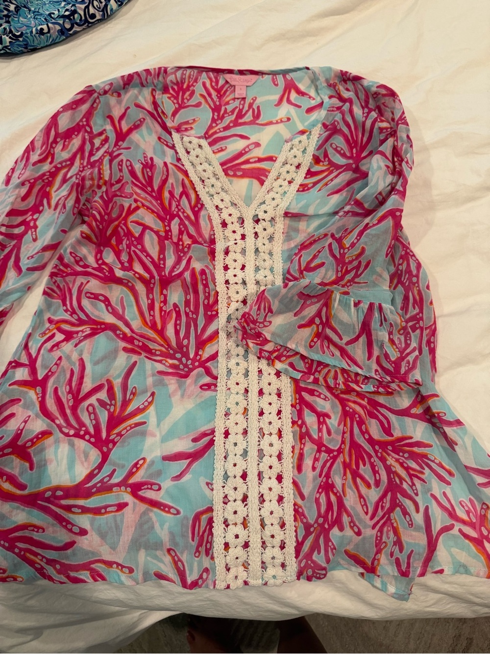 Lilly Pulitzer Pink Coral Print Tunic with Aqua Background